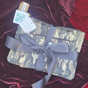 Jane Marie Camo Cosmetic Bag Set w/ Black Satin Bow NWT Travel Pouches